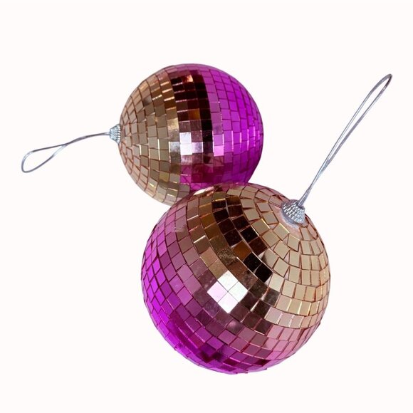 Set Of 2 Disco Ball Christmas Ornaments 8 Inch Ombre Pink Hanging New Years Eve - Picture 3 of 11